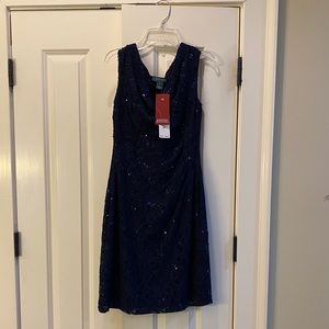 Navy Sequined Lace Cocktail Dress by Ralph Lauren